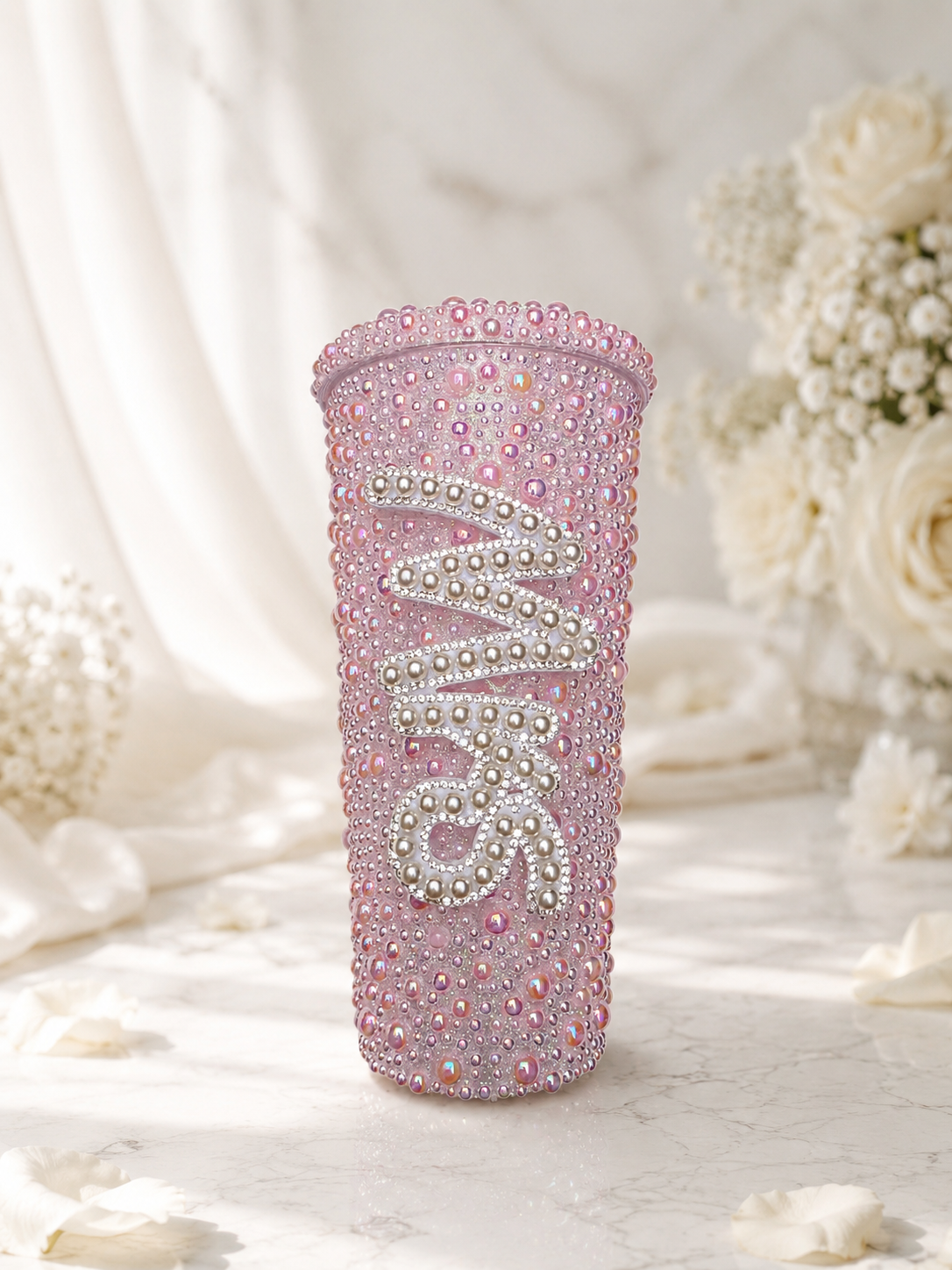 Personalised Mrs Light Pink Pearl Tumbler Cup – Luxury Bridal Gift | Pre-Order