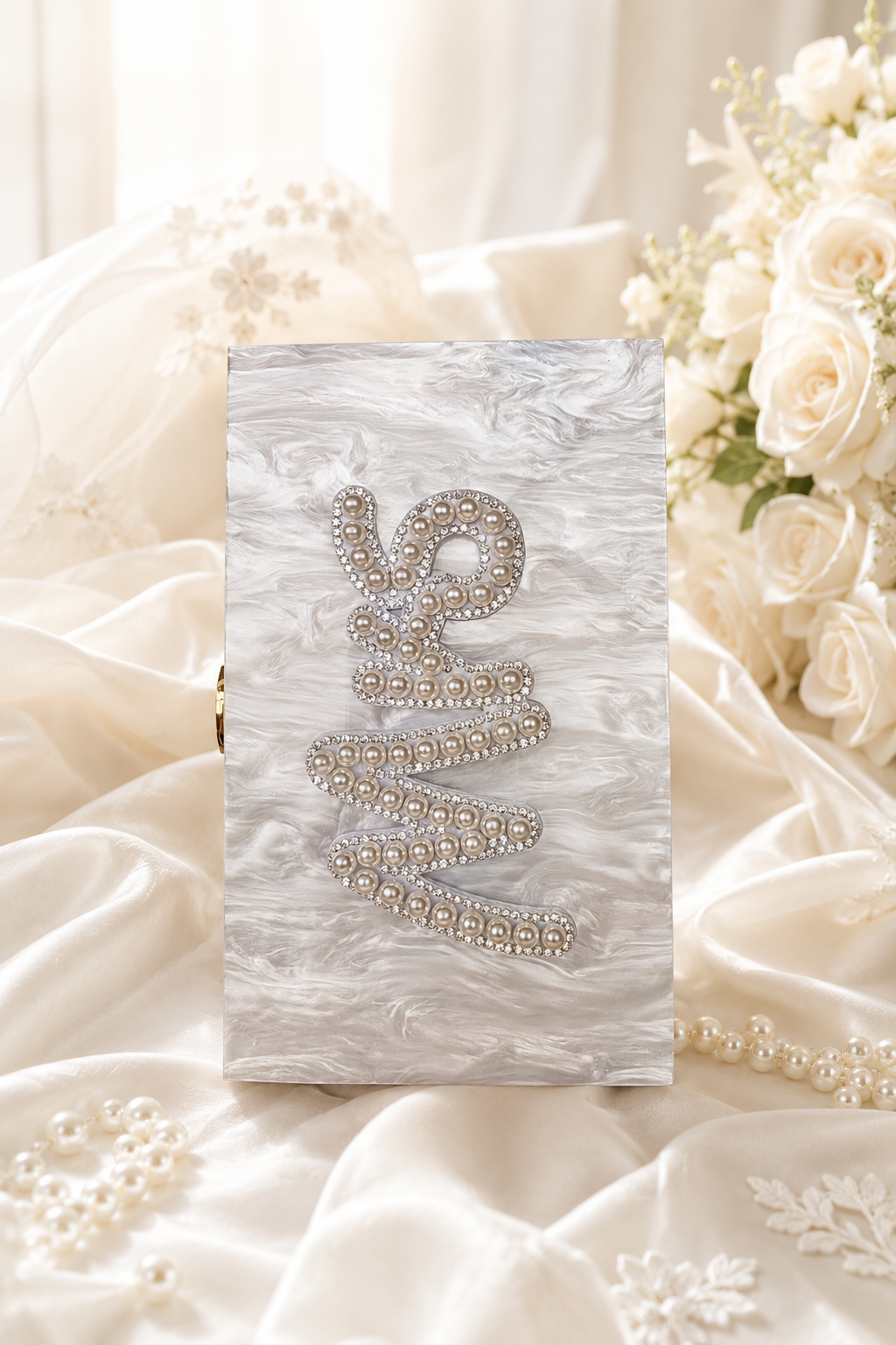 Personalised Mrs Pearl Marble Clutch Bag – Luxury Bridal Wedding Handbag