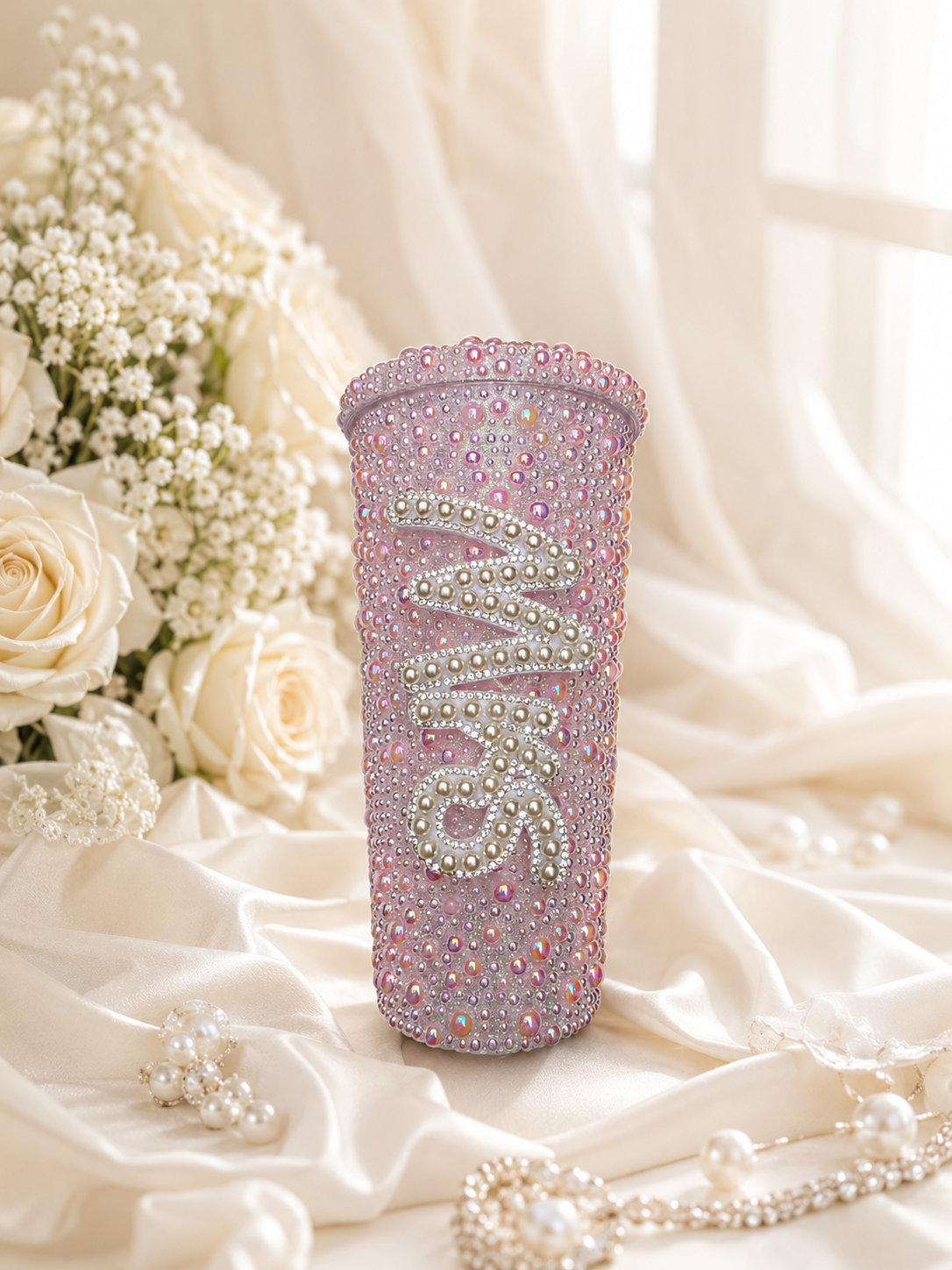 Personalised Mrs Light Pink Pearl Tumbler Cup – Luxury Bridal Gift | Pre-Order