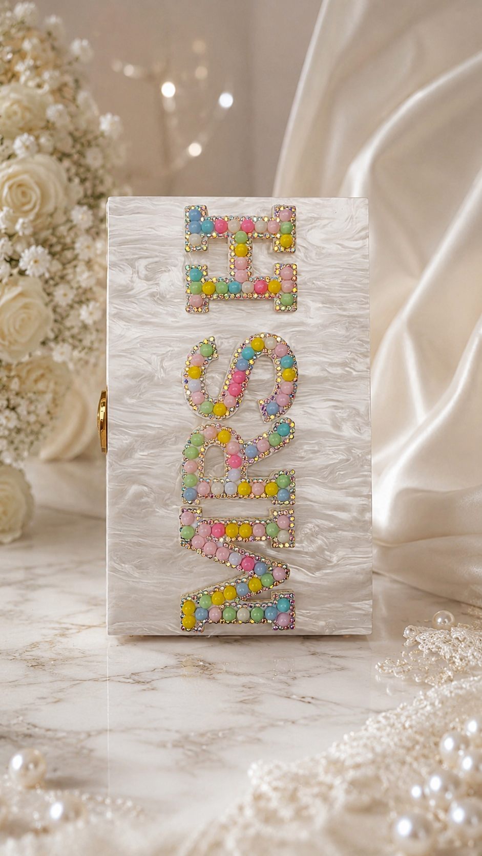 Personalised Mrs Pearl Marble Clutch Bag – Luxury Bridal Wedding Handbag | Pre-Order