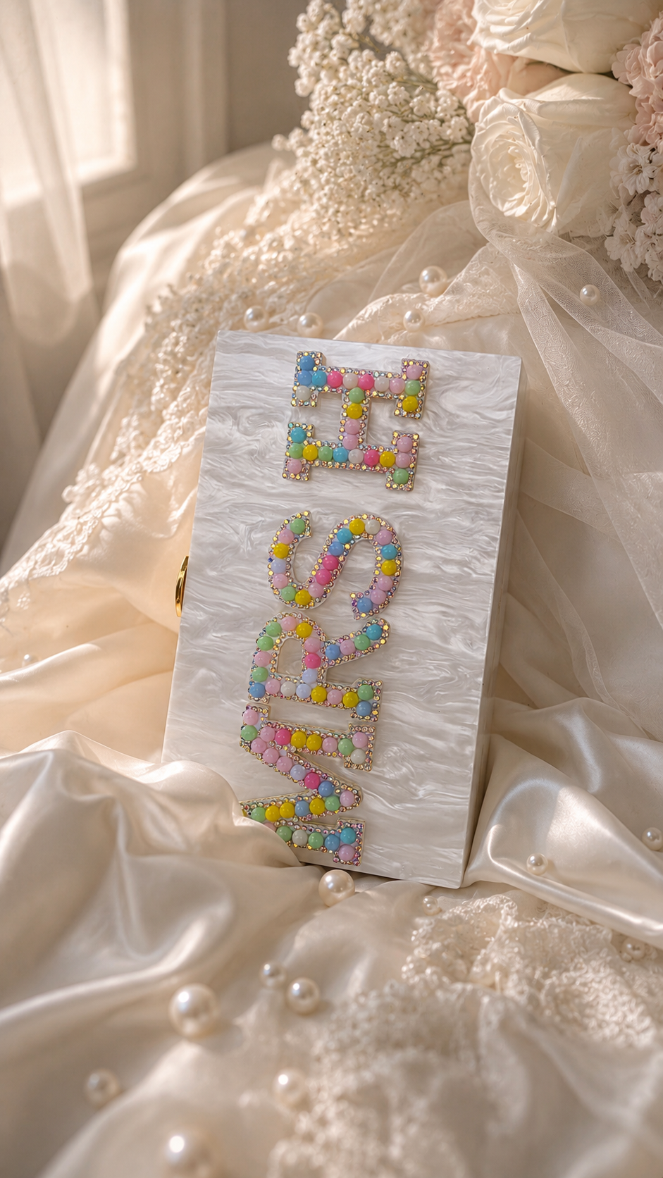 Personalised Mrs Pearl Marble Clutch Bag – Luxury Bridal Wedding Handbag | Pre-Order