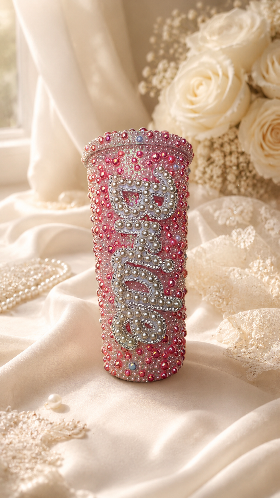 Personalised Bride Deep Pink Pearl Tumbler Cup – Luxury Bridal Gift | Pre-Order