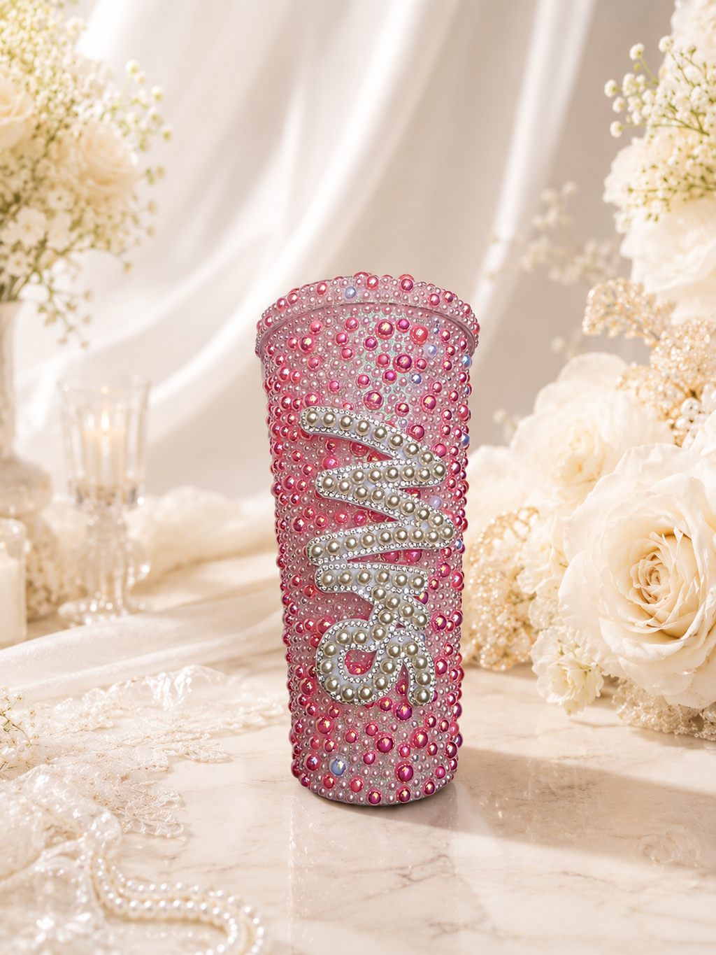 Personalised Mrs Deep Pink Pearl Tumbler Cup – Luxury Bridal Cup | Pre-Order