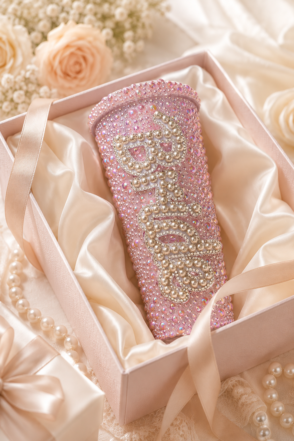Personalised Bride Light Pink Pearl Tumbler Cup – Luxury Bridal Gift | Pre-Order