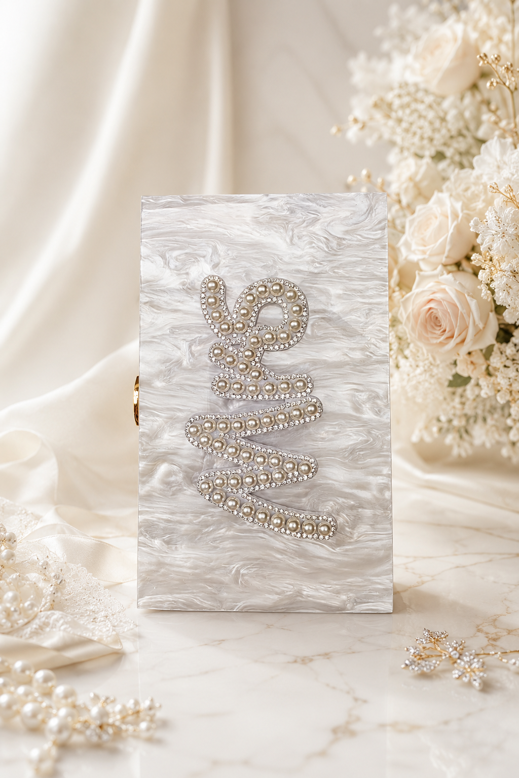 Personalised Mrs Pearl Marble Clutch Bag – Luxury Bridal Wedding Handbag