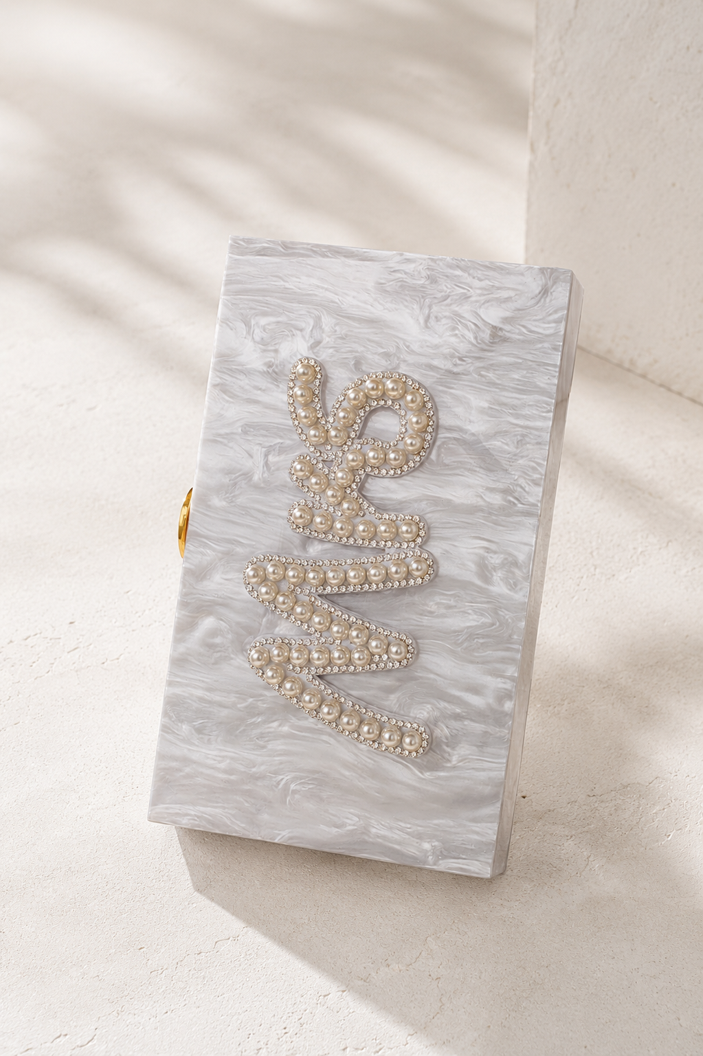 Personalised Mrs Pearl Marble Clutch Bag – Luxury Bridal Wedding Handbag