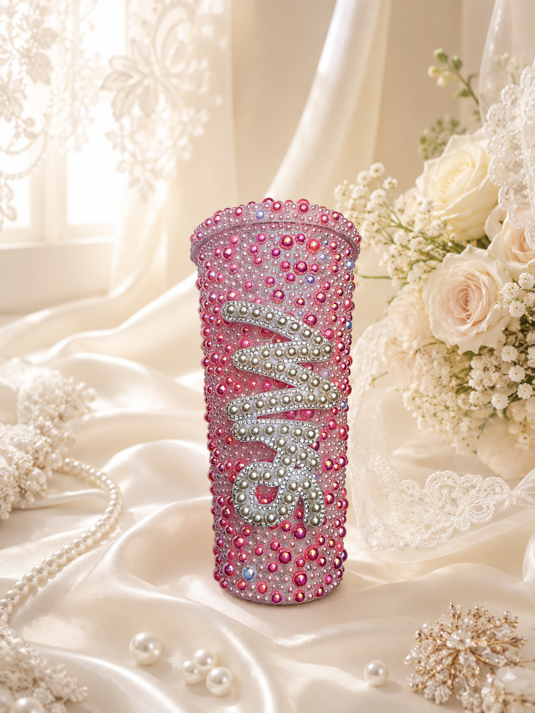 Personalised Mrs Deep Pink Pearl Tumbler Cup – Luxury Bridal Cup | Pre-Order