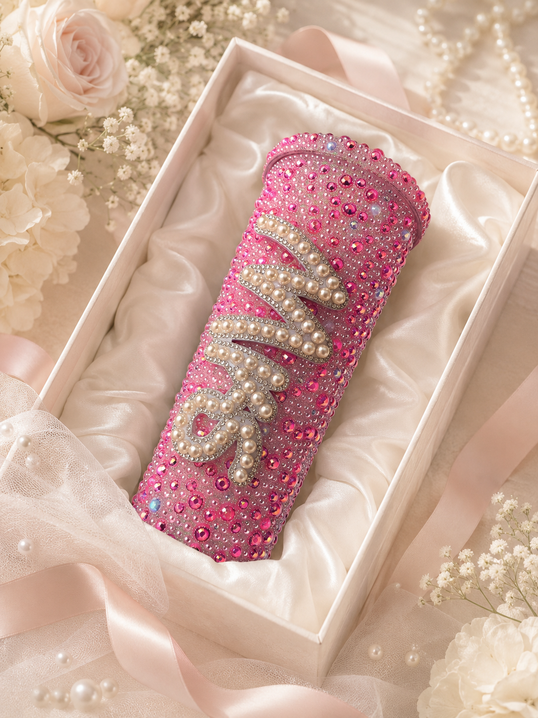 Personalised Mrs Deep Pink Pearl Tumbler Cup – Luxury Bridal Cup | Pre-Order