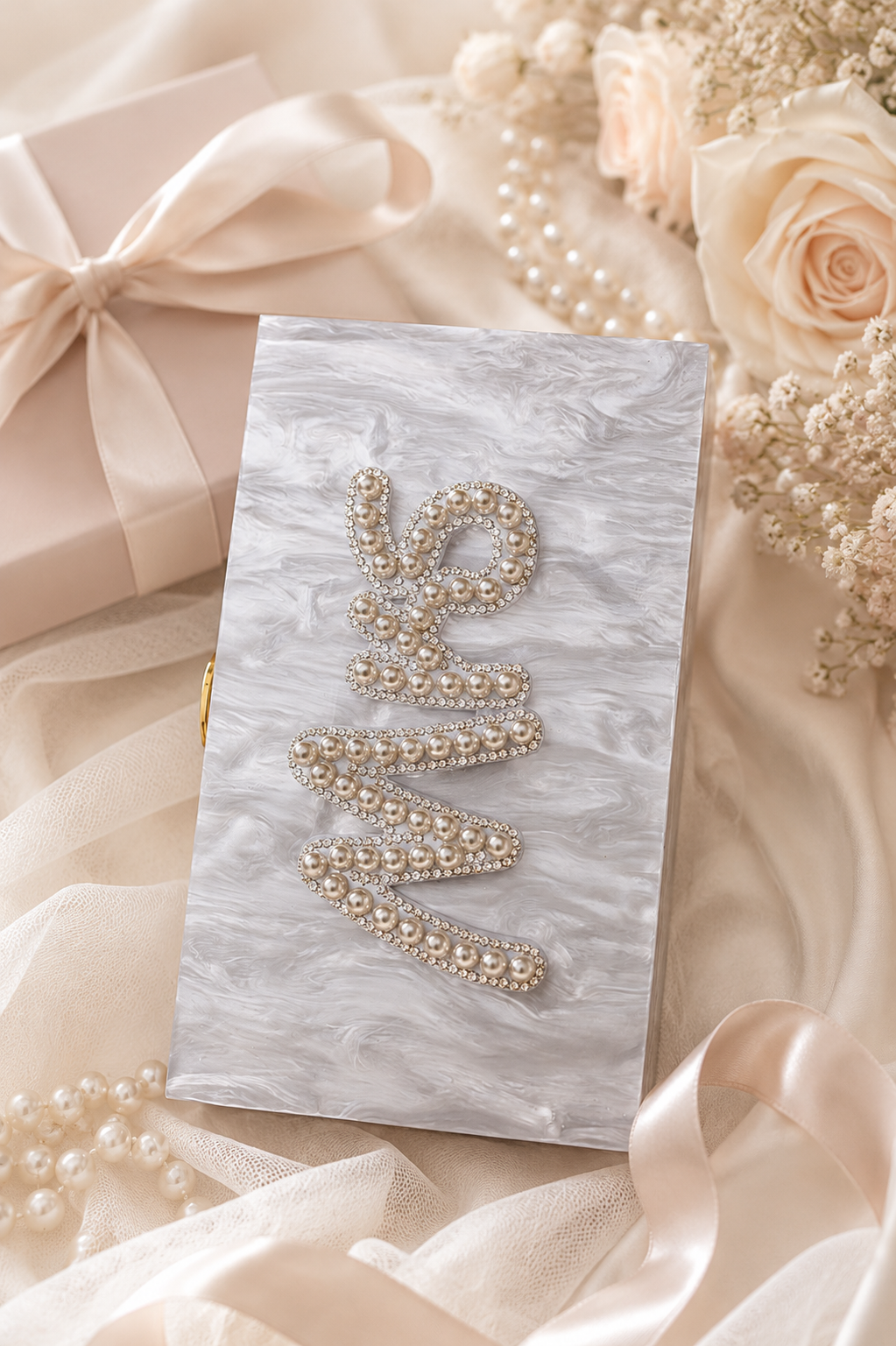 Personalised Mrs Pearl Marble Clutch Bag – Luxury Bridal Wedding Handbag