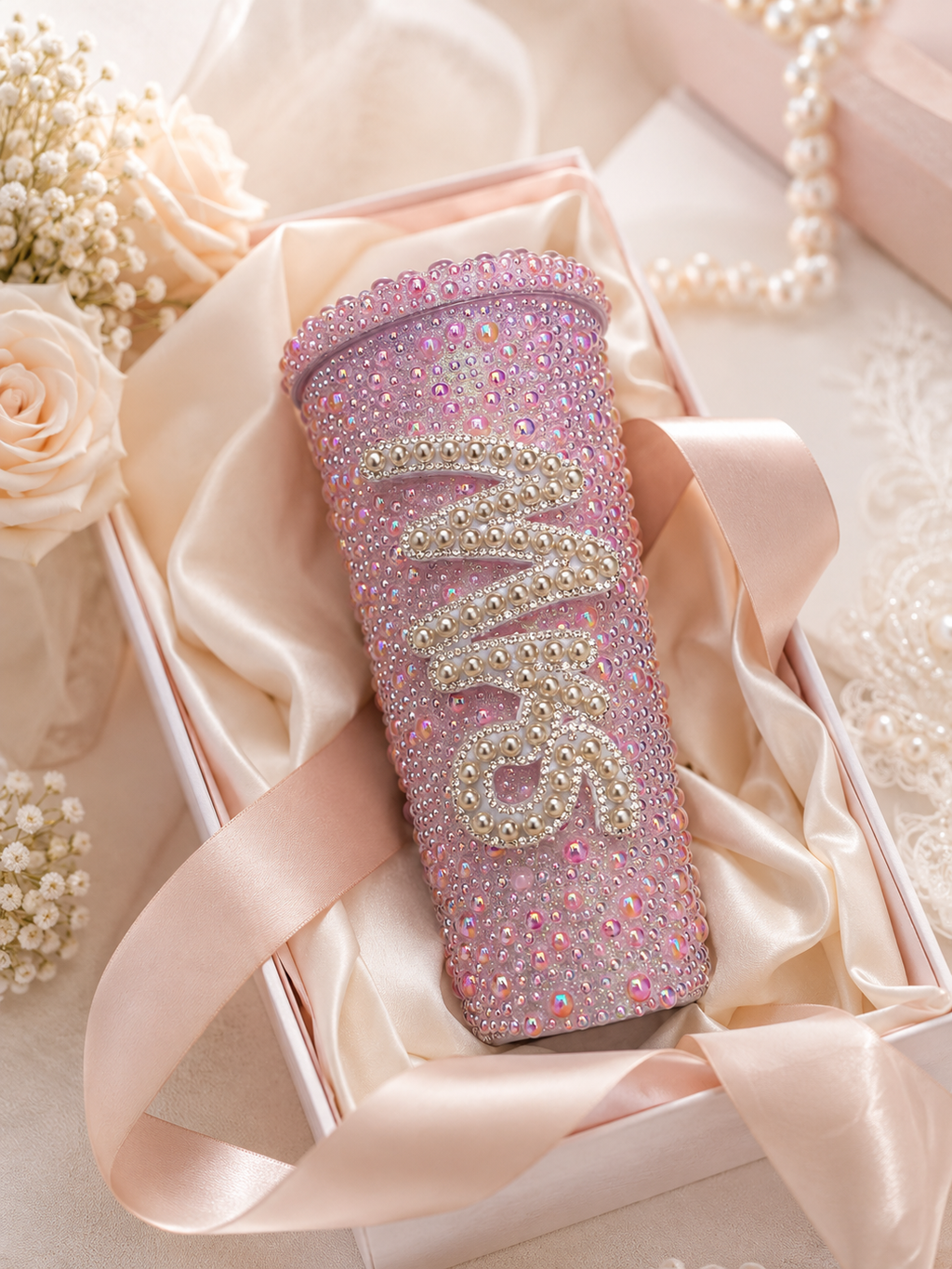 Personalised Mrs Light Pink Pearl Tumbler Cup – Luxury Bridal Gift | Pre-Order